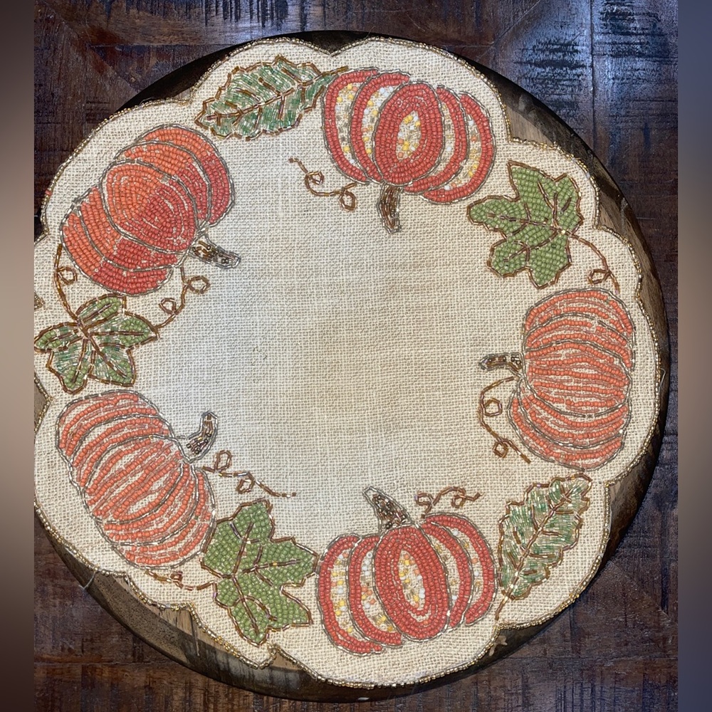 Rachel Zoe Beaded Burlap Charger Placemat Centerpiece 15” Pumpkin Thanksgiving